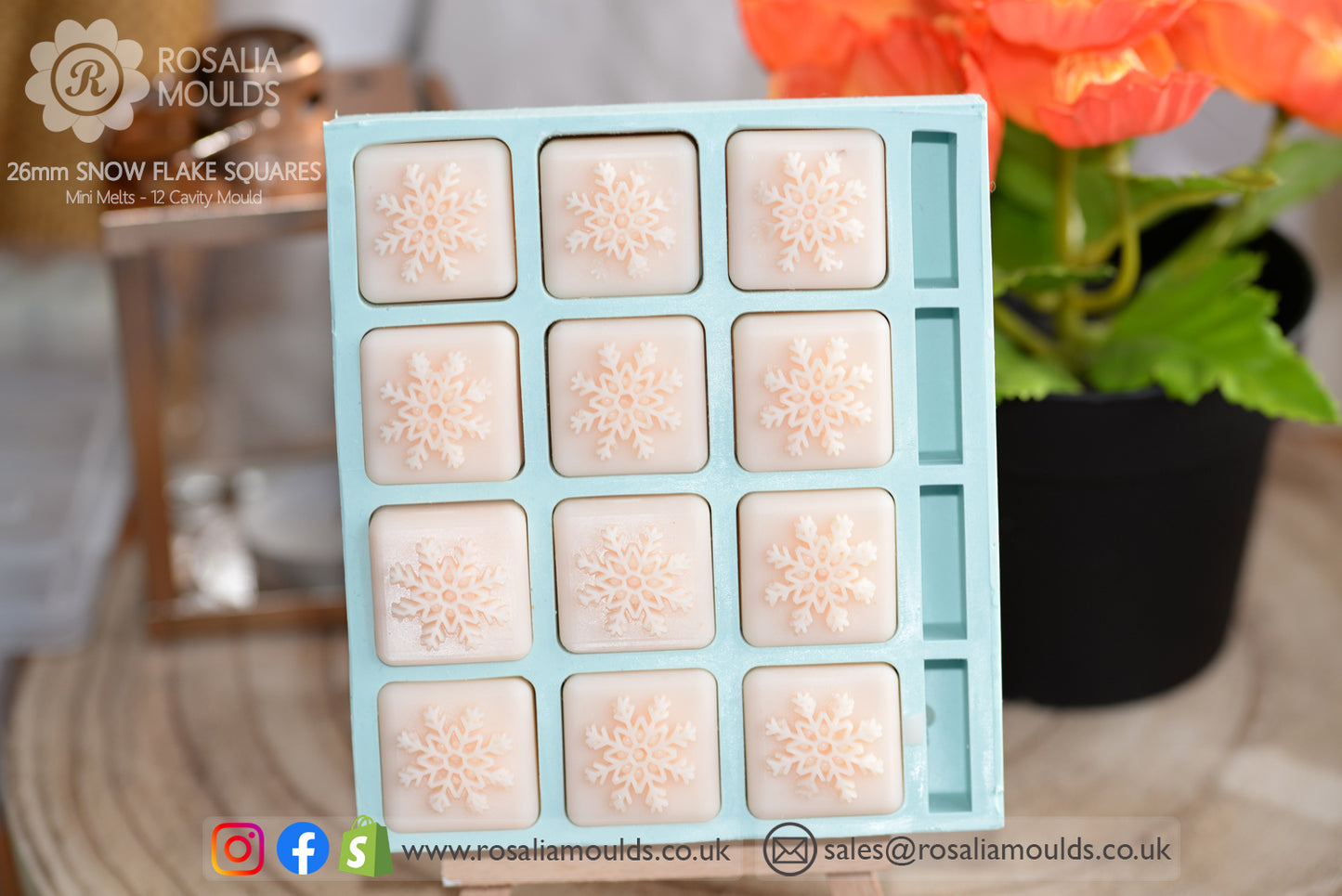 Christmas 'Snowflake Squares' Larger 26mm Size - 12 Cavity Wax Melt Mould